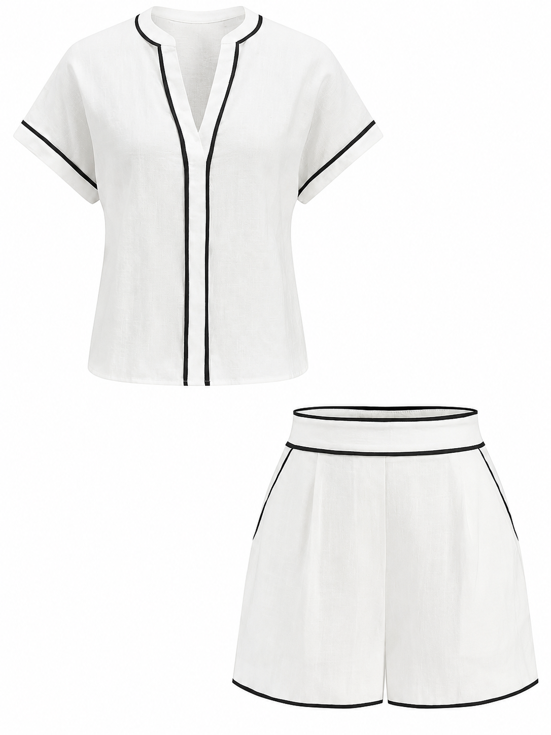 White Short Sleeve Top and Shorts Set with Black Piping