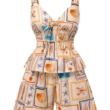Cream Maritime Print Two-Piece Set with Smocked Top and Wide-Leg Shorts