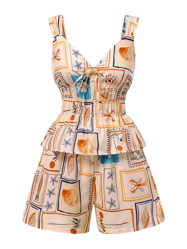Cream Maritime Print Two-Piece Set with Smocked Top and Wide-Leg Shorts
