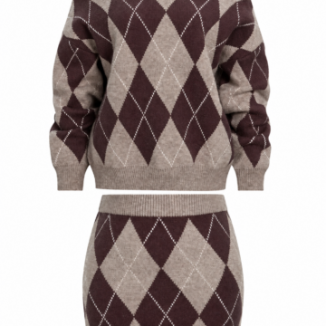 Taupe Argyle Knit Two-Piece Sweater and Mini Skirt Set