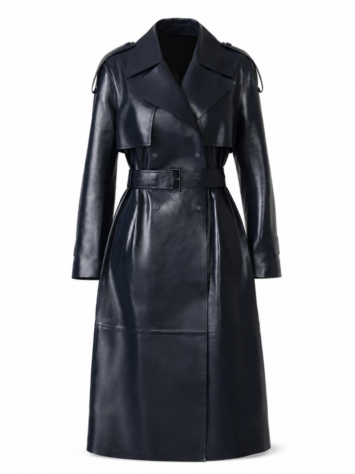 Navy Longline Faux Leather Trench Coat