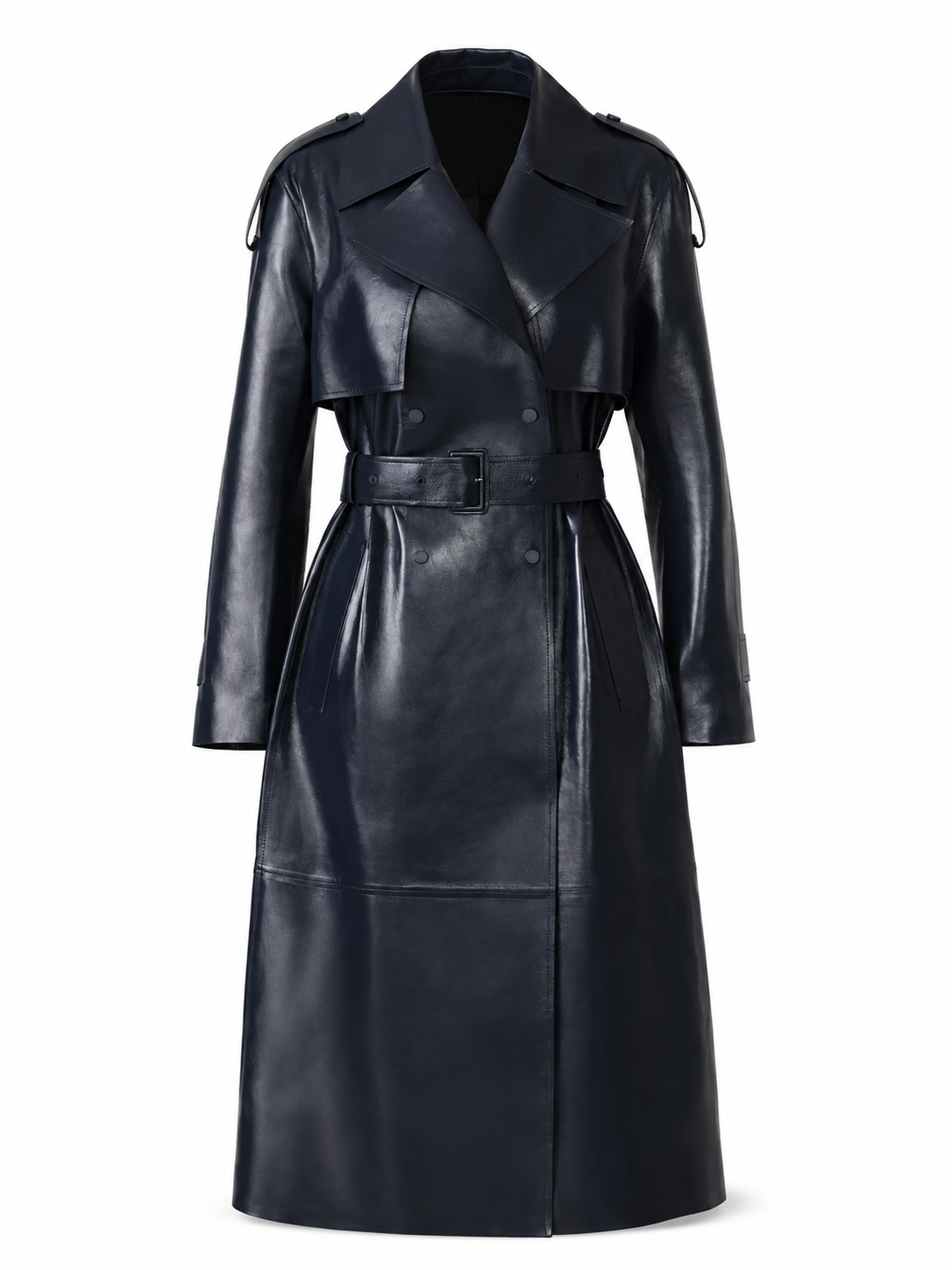 Navy Longline Faux Leather Trench Coat