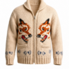 Beige Fox Intarsia Zip-Up Cardigan with Shawl Collar