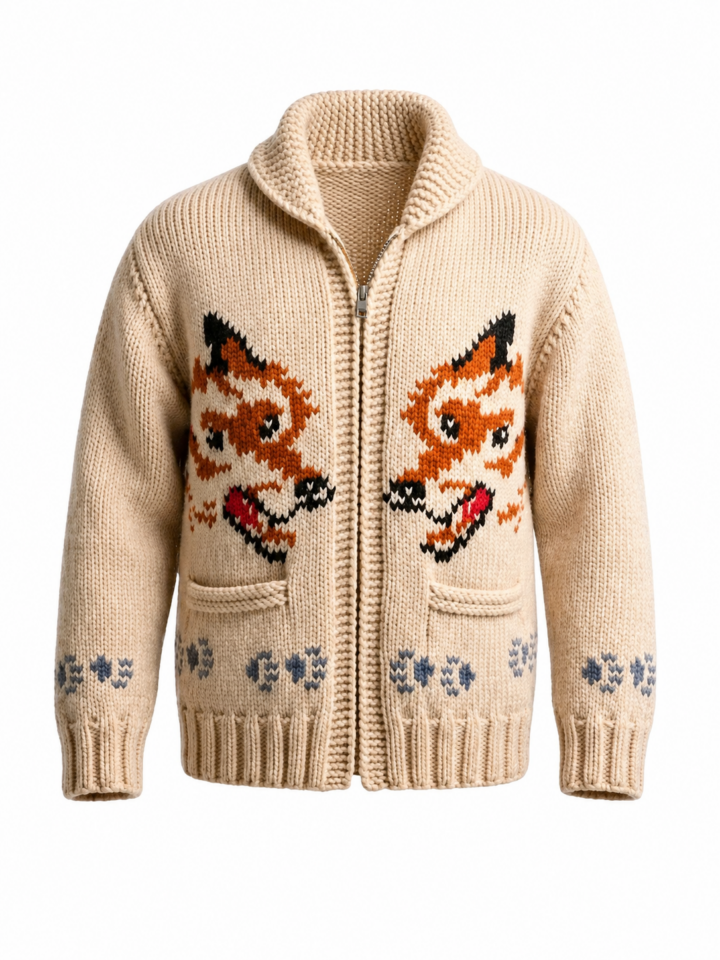 Beige Fox Intarsia Zip-Up Cardigan with Shawl Collar