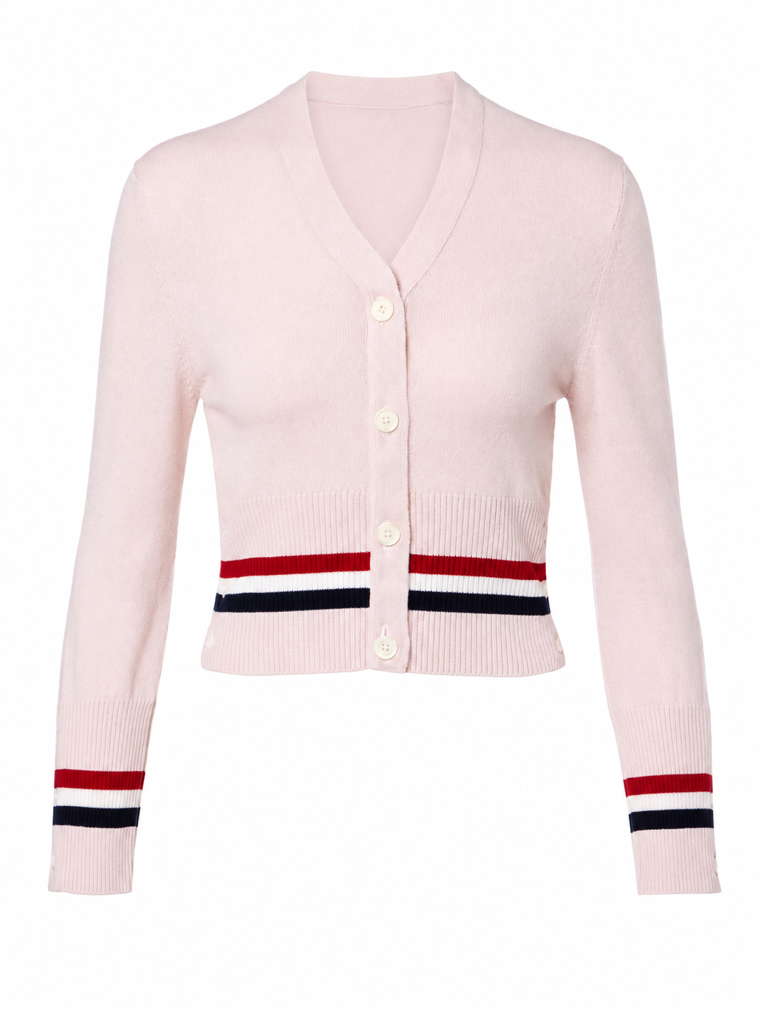 Pale Pink V-Neck Cropped Cardigan with Striped Trim