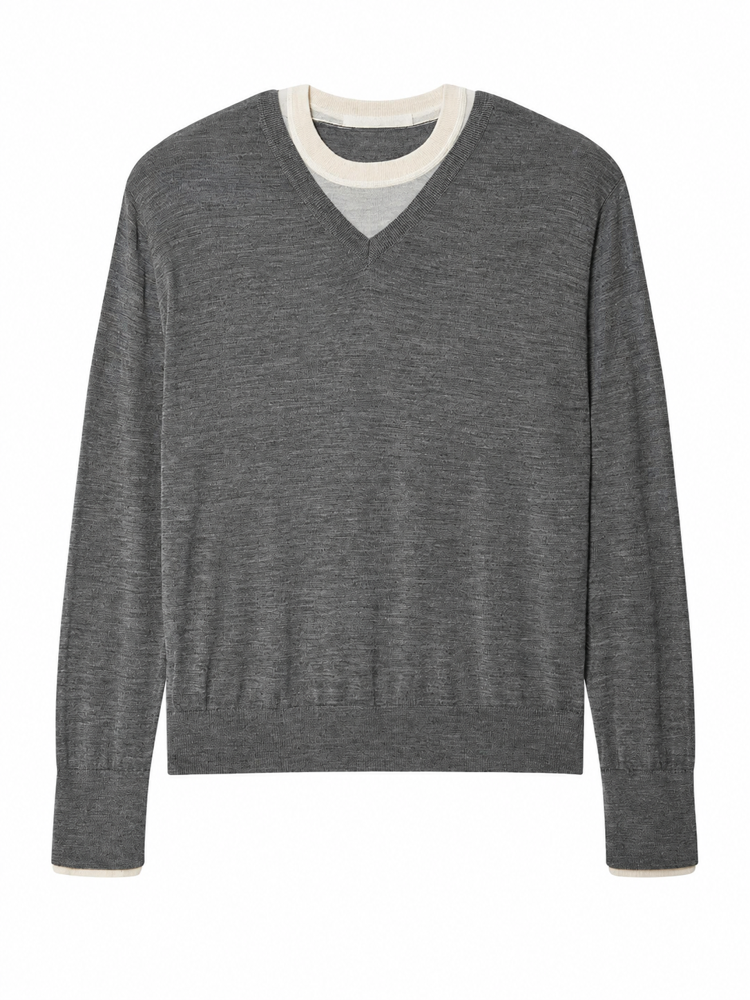 Heathered Grey V-Neck Pullover Sweater with Contrast Trim