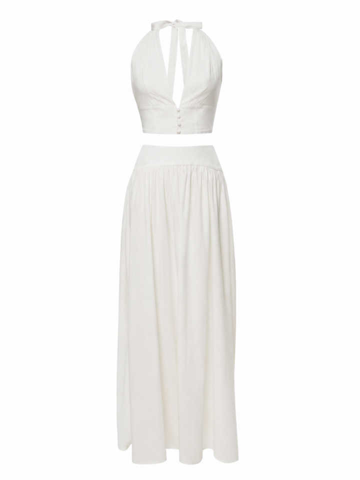 White Halter-Neck Two-Piece Set with Cropped Top and High-Waisted Maxi Skirt