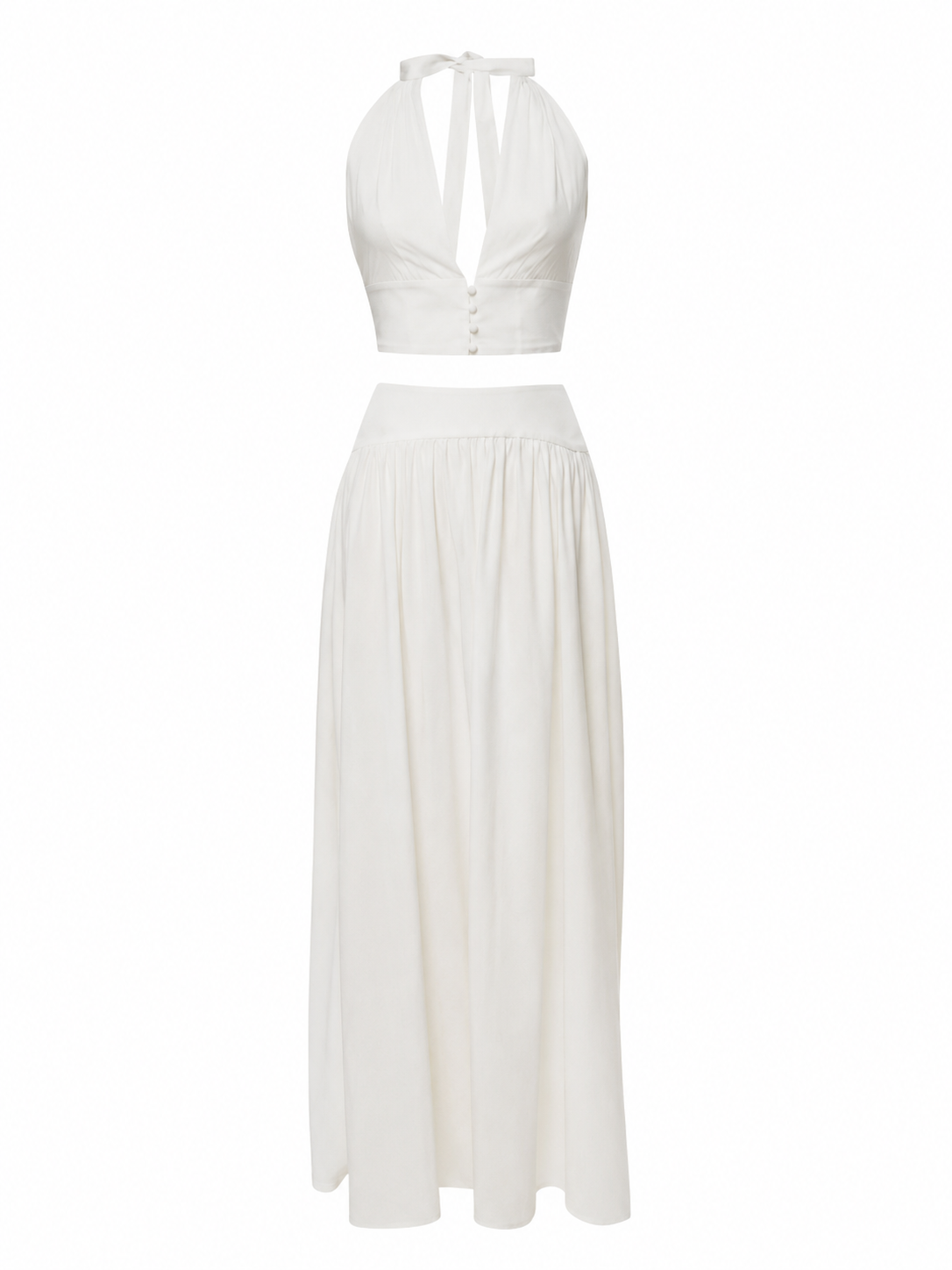 White Halter-Neck Two-Piece Set with Cropped Top and High-Waisted Maxi Skirt