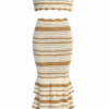 Cream and Tan Striped Open-Knit Two-Piece Set with Off-the-Shoulder Top and Maxi Skirt