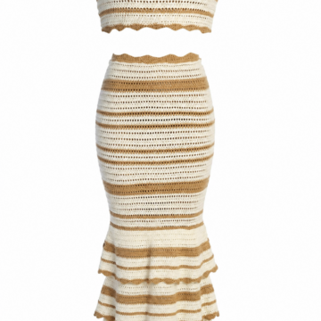 Cream and Tan Striped Open-Knit Two-Piece Set with Off-the-Shoulder Top and Maxi Skirt