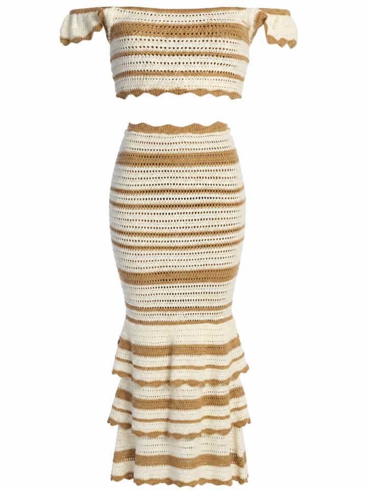 Cream and Tan Striped Open-Knit Two-Piece Set with Off-the-Shoulder Top and Maxi Skirt