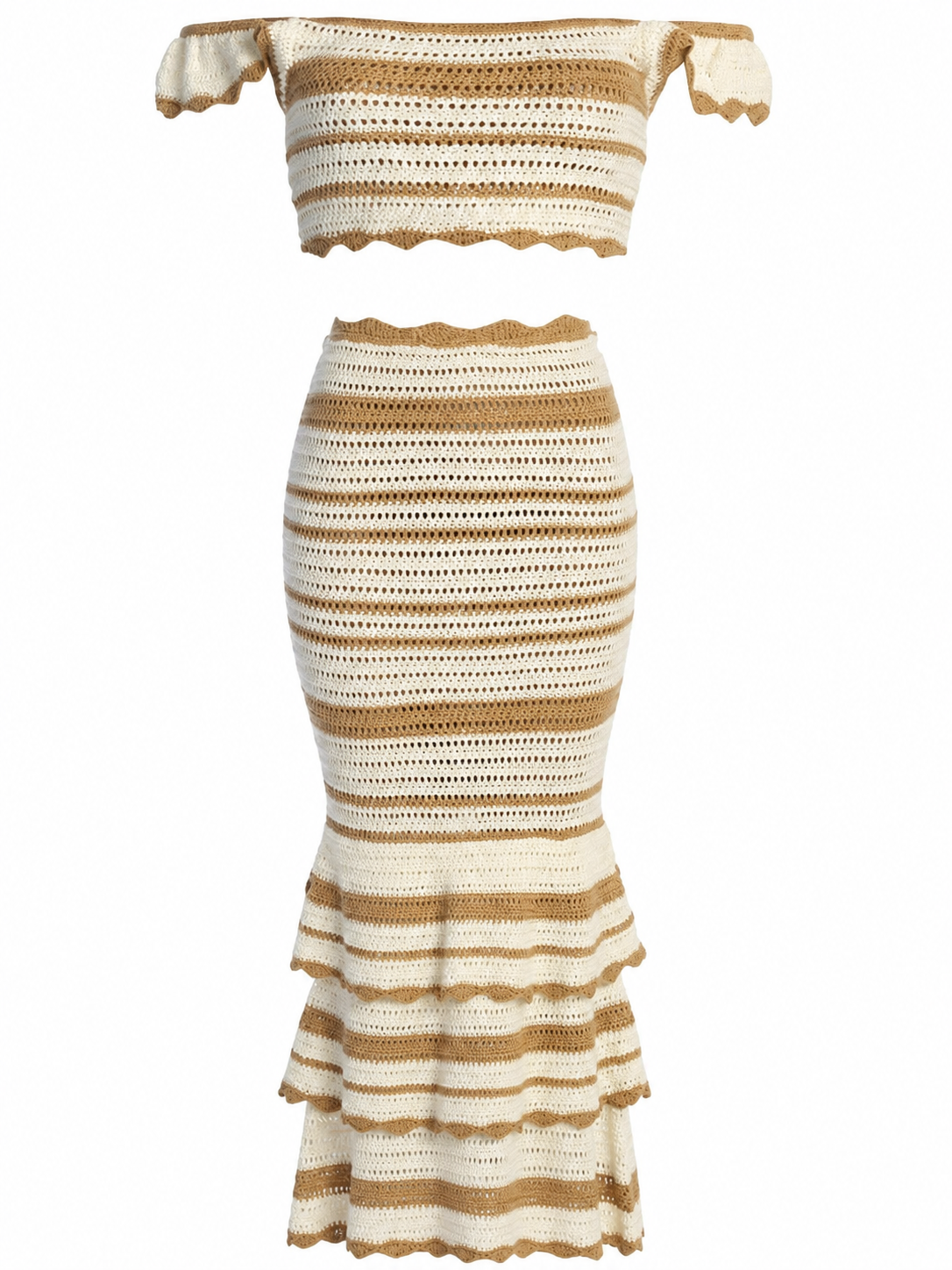 Cream and Tan Striped Open-Knit Two-Piece Set with Off-the-Shoulder Top and Maxi Skirt