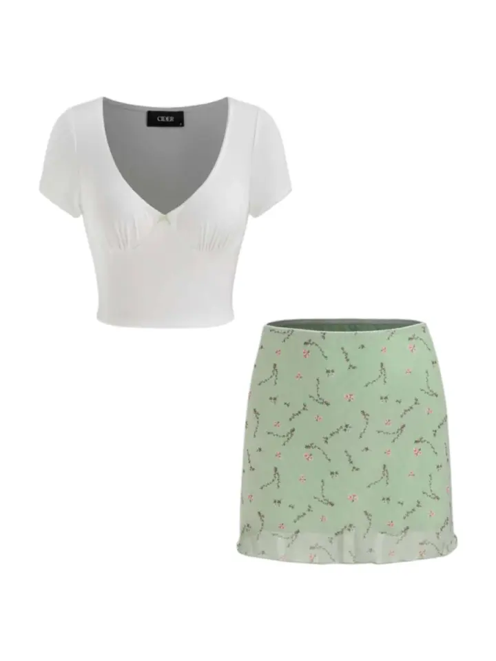 White V-Neck Crop Top and Floral Mini Skirt Set