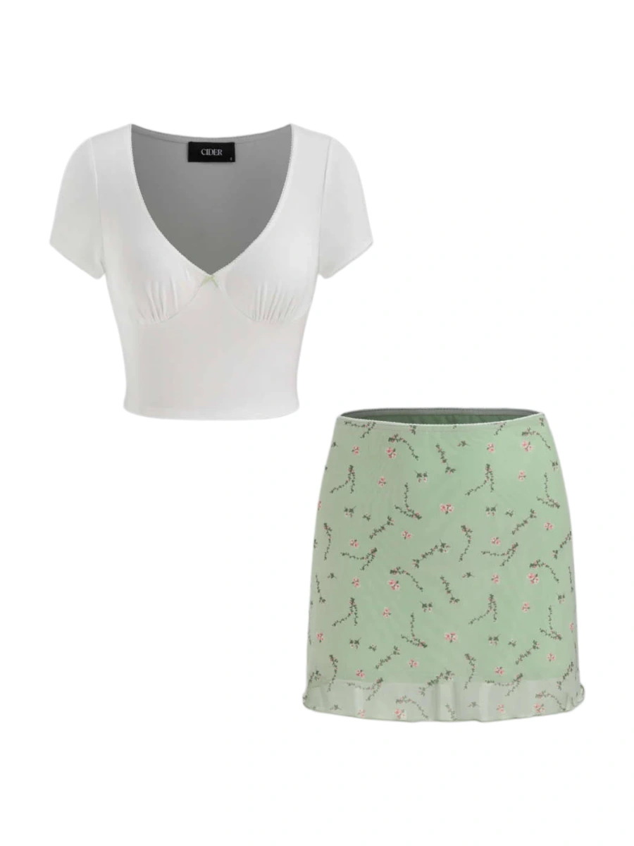 White V-Neck Crop Top and Floral Mini Skirt Set