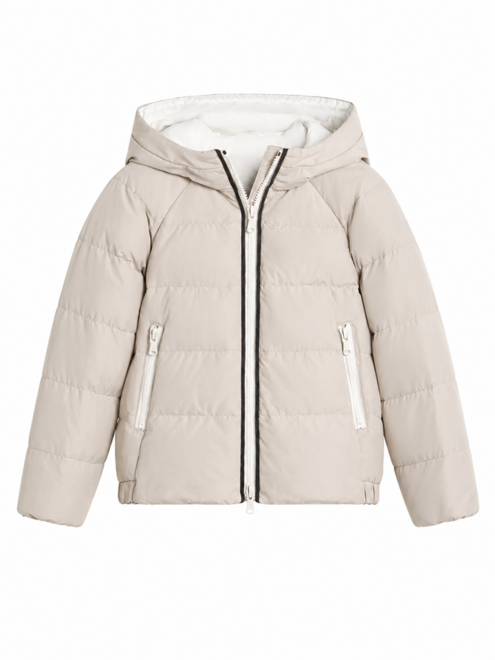 Light Beige Hooded Quilted Puffer Jacket with Pockets