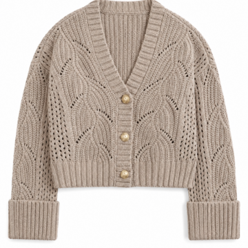 Beige Pointelle Chevron Cropped V-Neck Cardigan