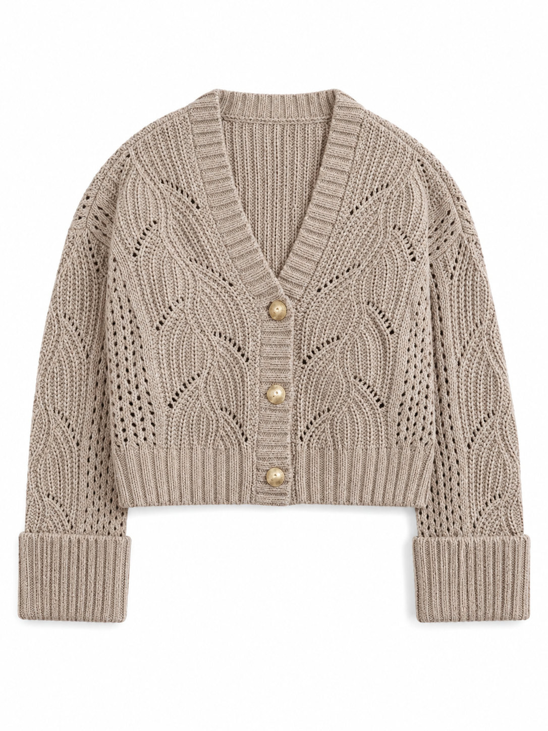 Beige Pointelle Chevron Cropped V-Neck Cardigan
