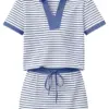 Striped Polo Shirt and Mini Skirt Set with Blue Accents