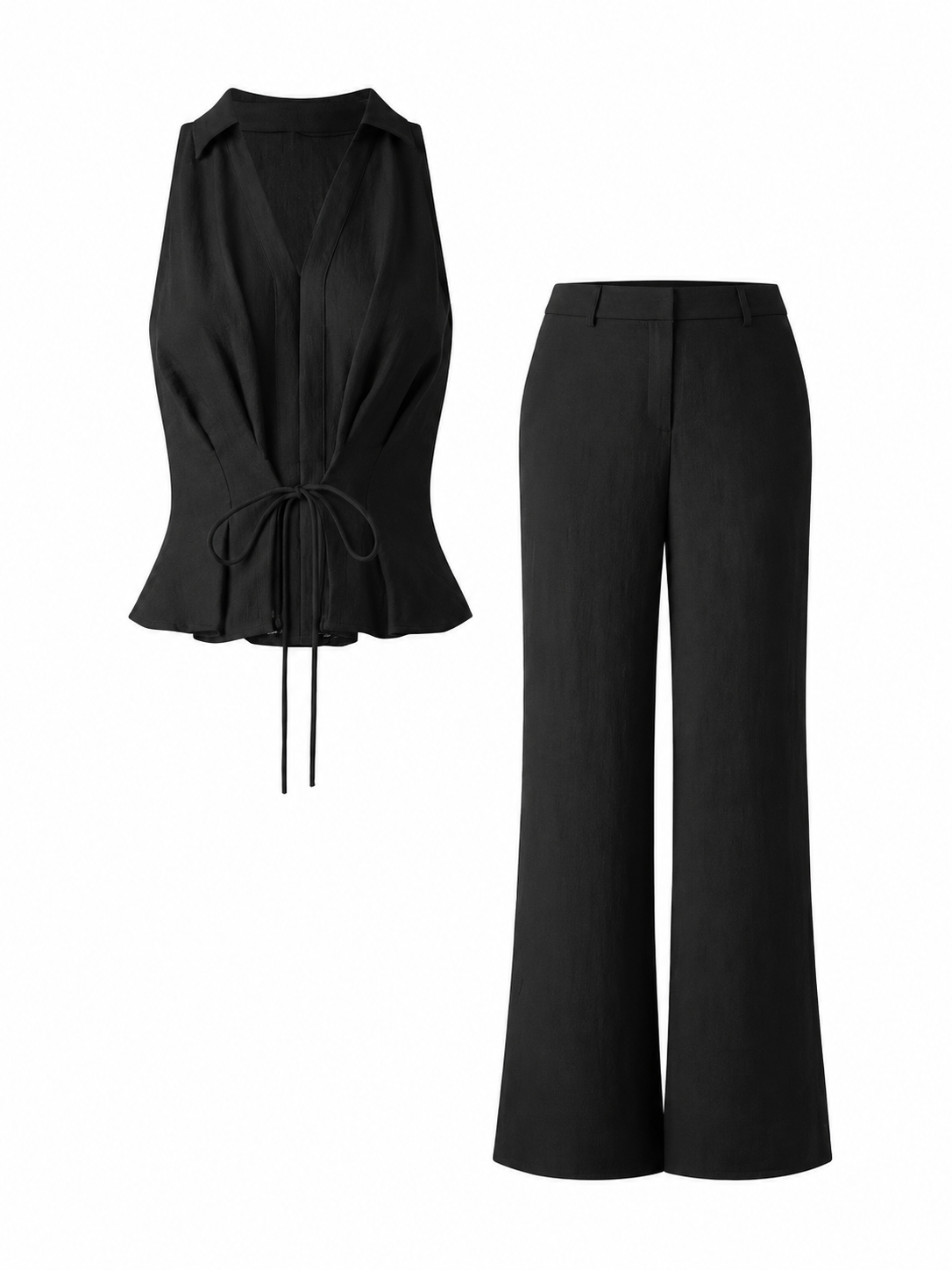 Black Sleeveless Collared Two-Piece Set with Drawstring Top and Wide-Leg Trousers