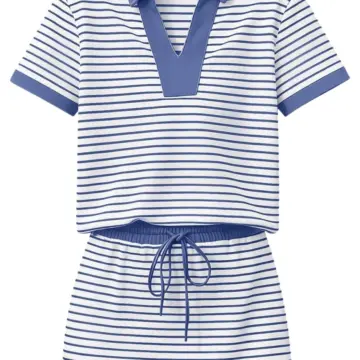 Striped Polo Shirt and Mini Skirt Set with Blue Accents