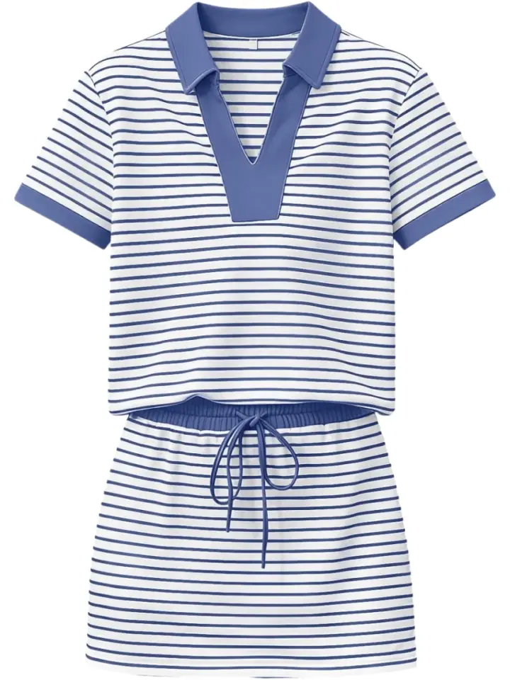 Striped Polo Shirt and Mini Skirt Set with Blue Accents