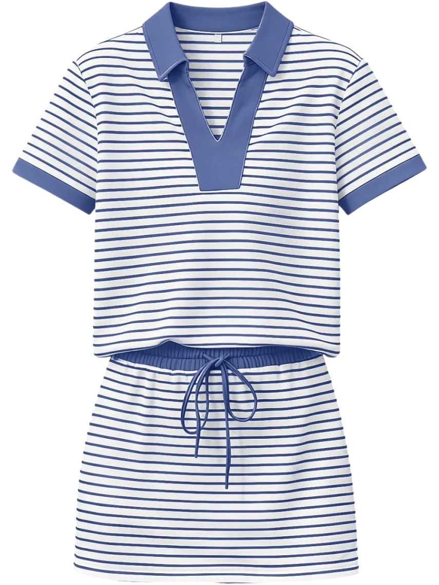 Striped Polo Shirt and Mini Skirt Set with Blue Accents