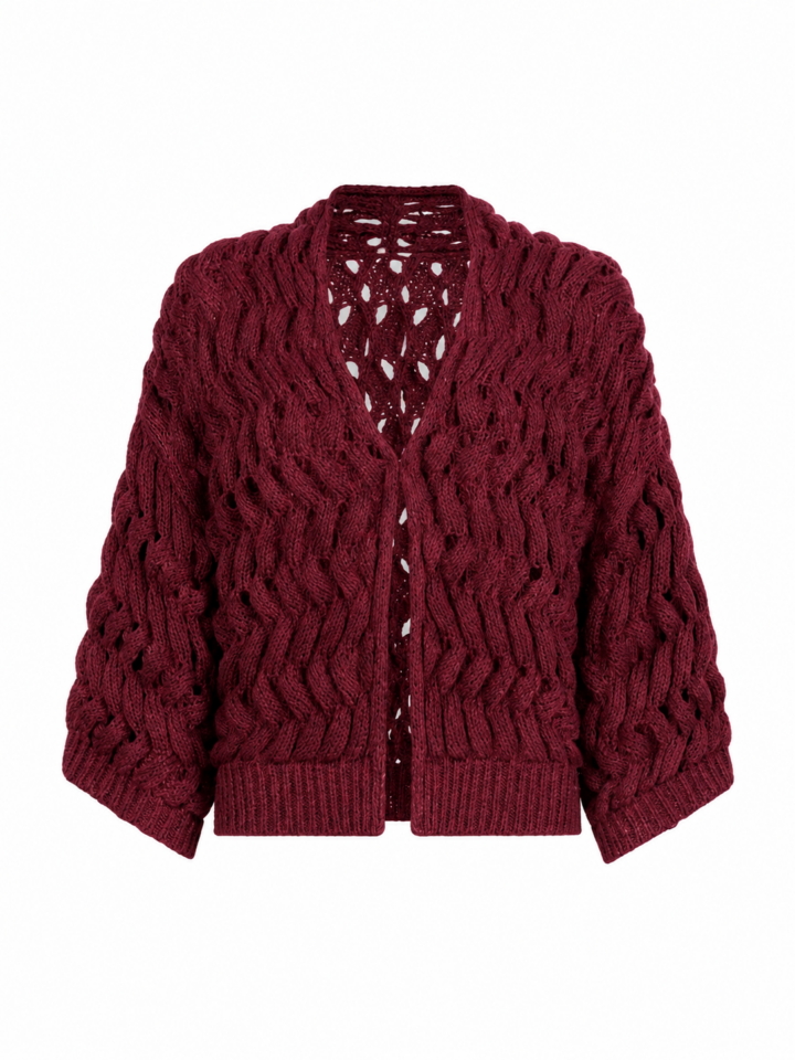 Burgundy Open-Front Cable-Knit Cropped Cardigan