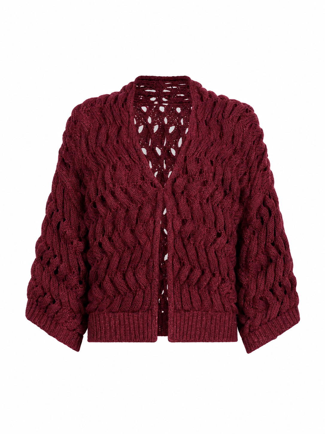 Burgundy Open-Front Cable-Knit Cropped Cardigan