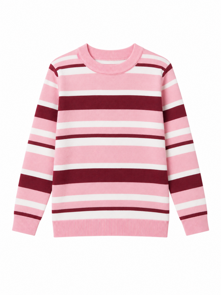 Pink White Burgundy Striped Crew Neck Sweater