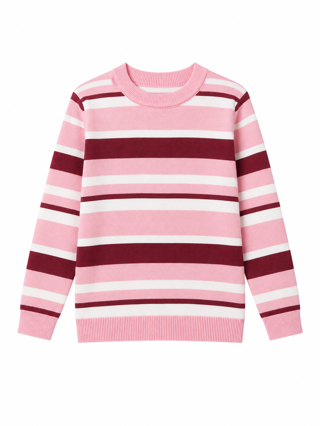 Pink White Burgundy Striped Crew Neck Sweater
