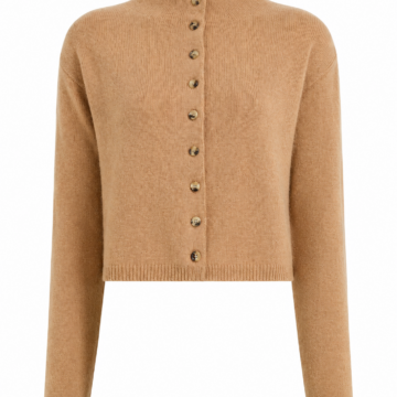 Camel Cropped Mock Neck Button-Front Cardigan