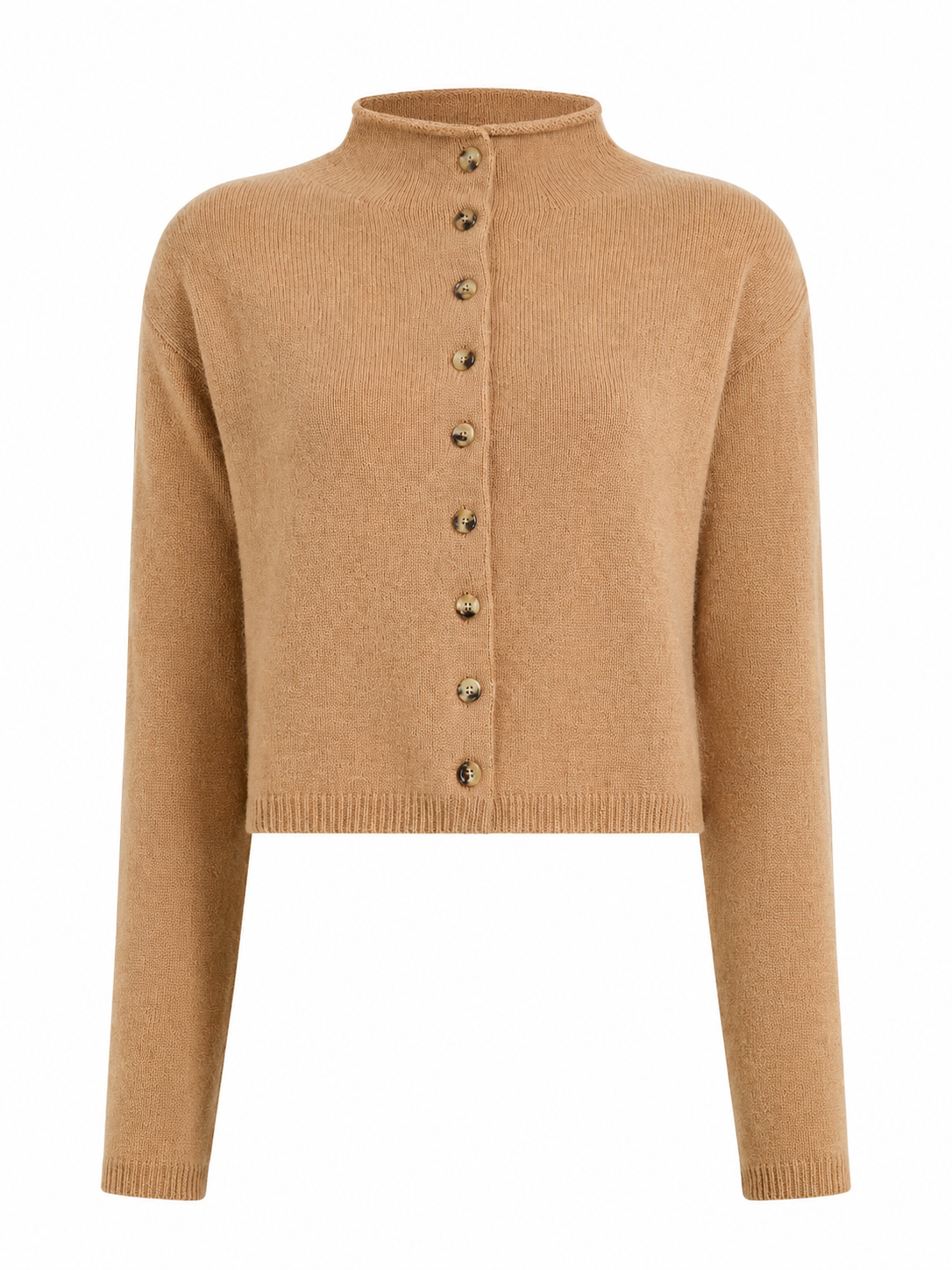 Camel Cropped Mock Neck Button-Front Cardigan