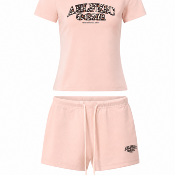 Light Pink Graphic Print Two-Piece Set with Short-Sleeve Tee and Drawstring Shorts