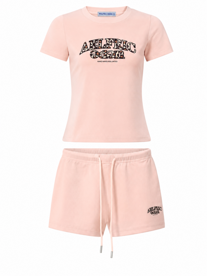 Light Pink Graphic Print Two-Piece Set with Short-Sleeve Tee and Drawstring Shorts