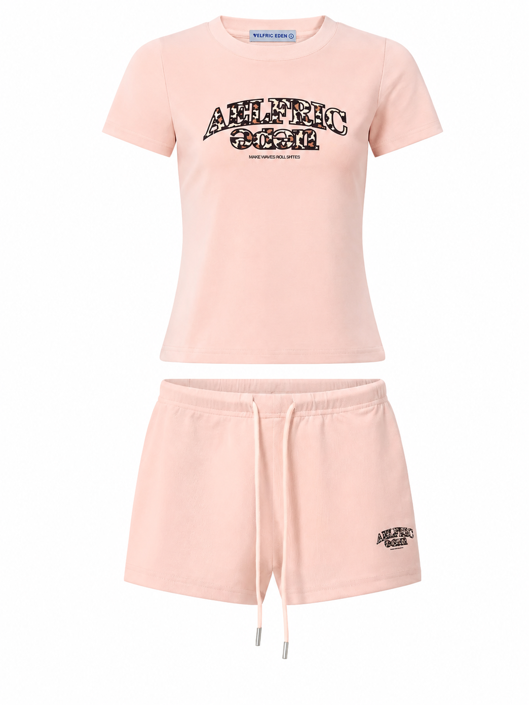 Light Pink Graphic Print Two-Piece Set with Short-Sleeve Tee and Drawstring Shorts
