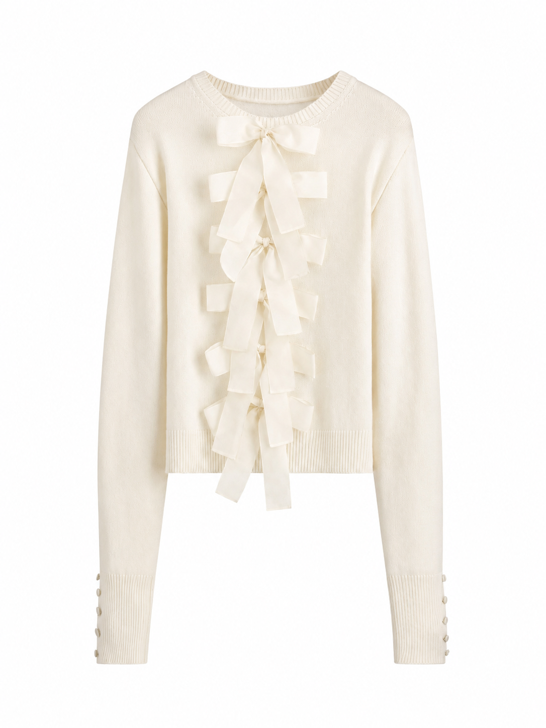 Cream Bow Embellished Drop Shoulder Knit Sweater