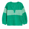 Green Open-Knit V-Neck Sweater with Cream Stripes