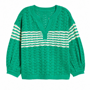 Green Open-Knit V-Neck Sweater with Cream Stripes