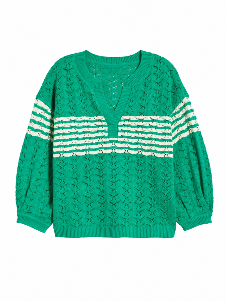 Green Open-Knit V-Neck Sweater with Cream Stripes