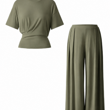 Sage Green Crew Neck T-Shirt and Wide-Leg Pants Two-Piece Set