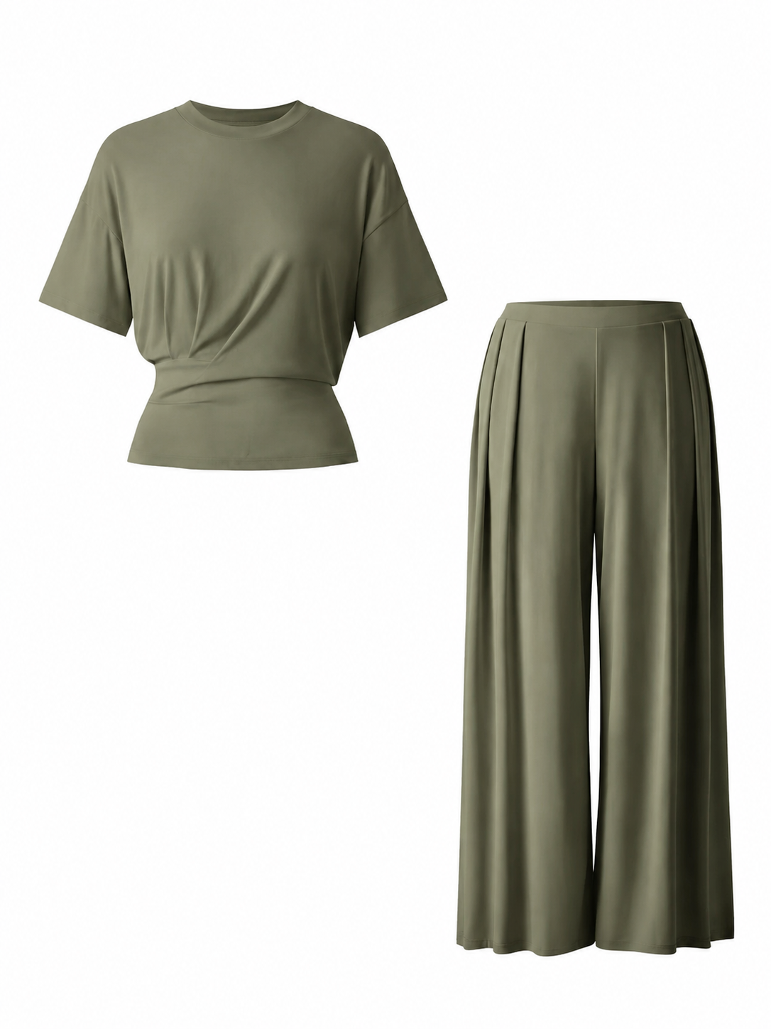 Sage Green Crew Neck T-Shirt and Wide-Leg Pants Two-Piece Set