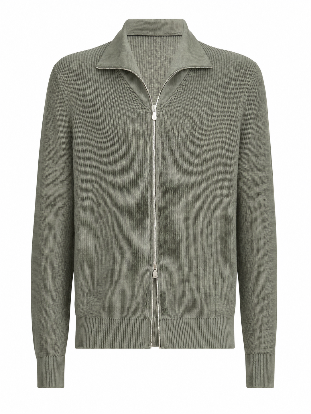 Sage Green Ribbed Zip-Up Collared Knit Sweater