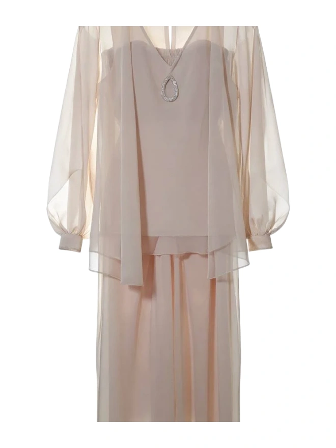 Light Beige Sheer Chiffon Tunic and Maxi Skirt Set