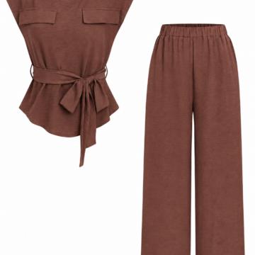 Brown Ribbed Knit Top and Wide-Leg Trousers Two-Piece Set