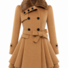 Camel Double-Breasted Flared Coat with Faux Fur Collar