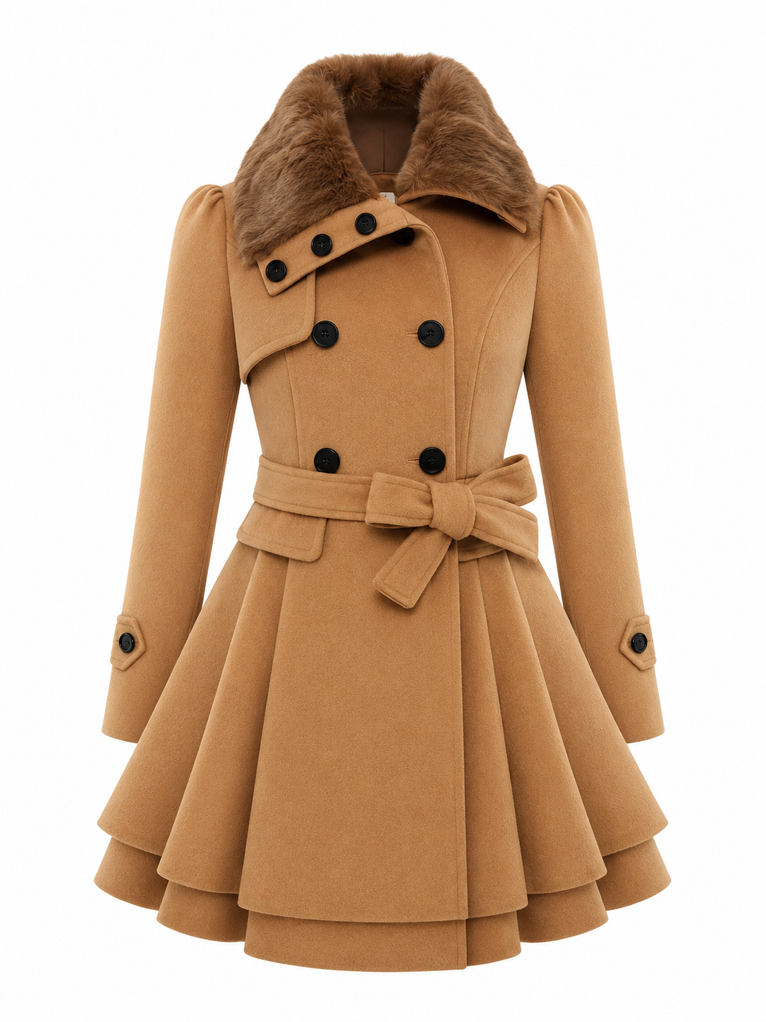 Camel Double-Breasted Flared Coat with Faux Fur Collar