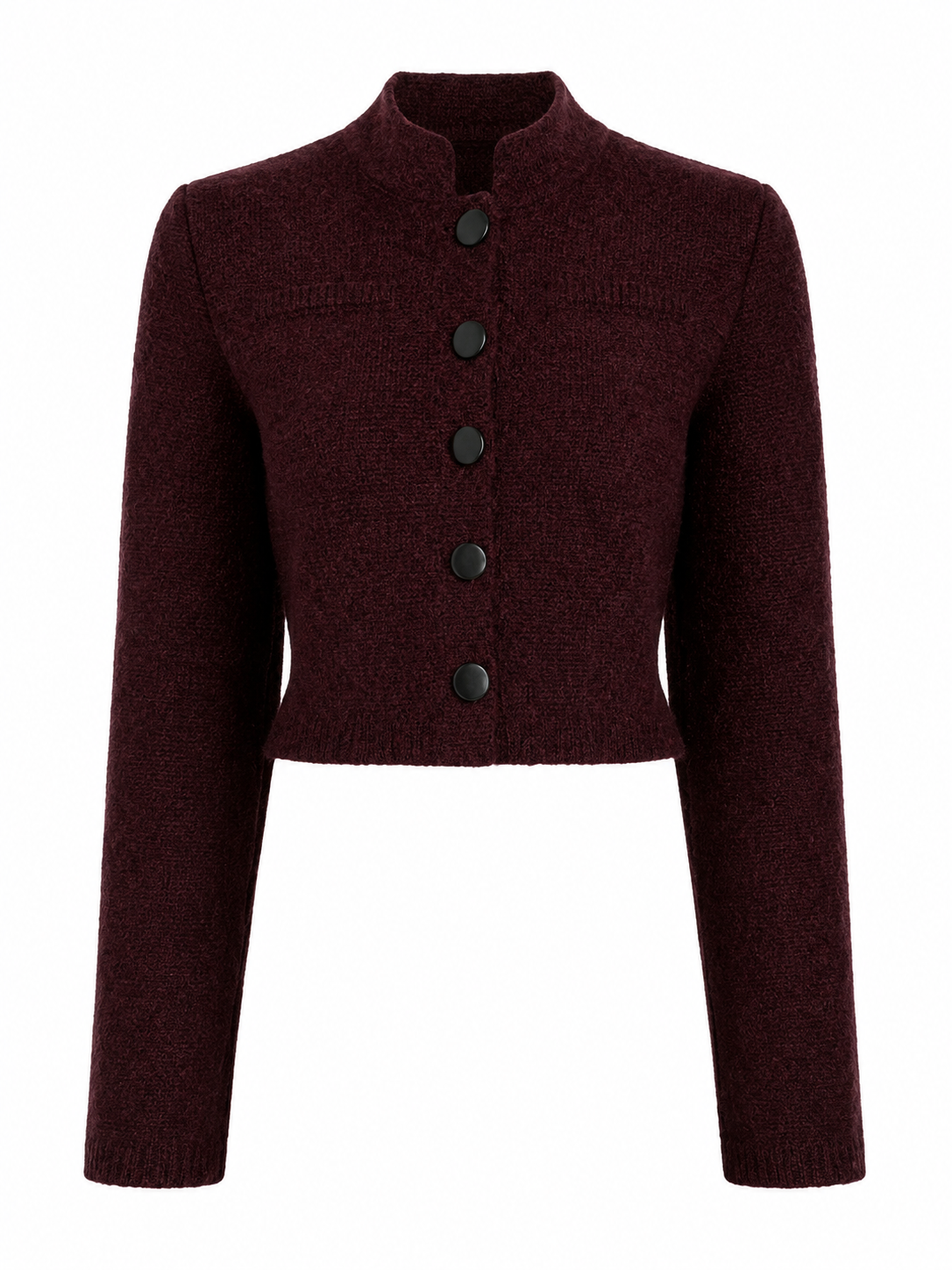 Burgundy Cropped Stand Collar Knit Cardigan
