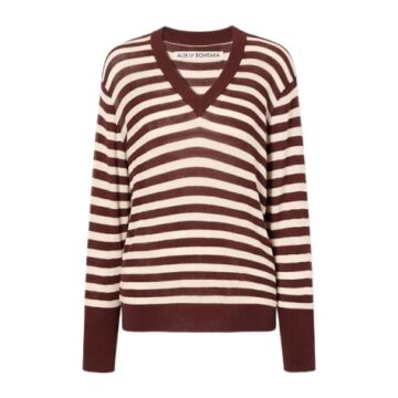 Burgundy Cream Striped V-Neck Sweater